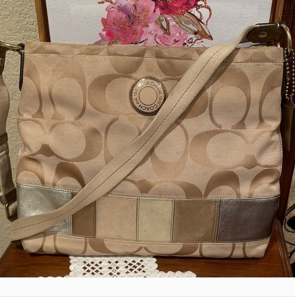 Coach Cream Silver Shoulder Bag with Monogram Striped Accent 10x12 - Picture 1 of 10